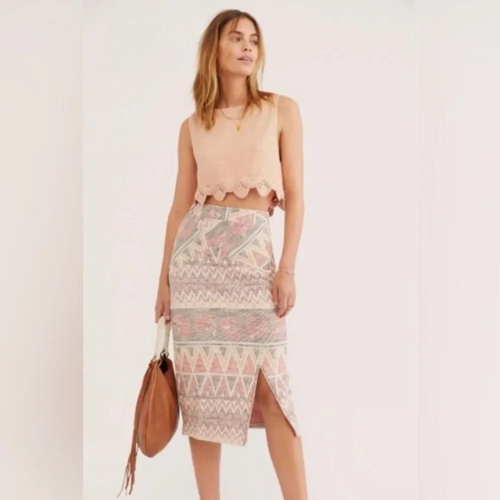 Free People Mendocino Woven Pencil Midi Skirt Southwestern front Slit size small